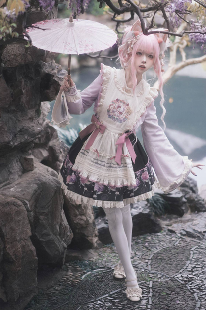 Chinese-style Lolita Top + Skirt + Apron + Headband + Bonnet