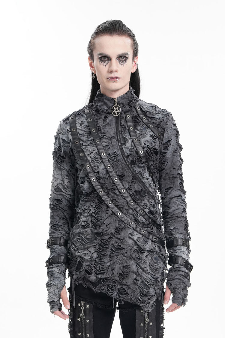 Black Stand Collar Ripped Eyelets Strap Gothic T-shirt