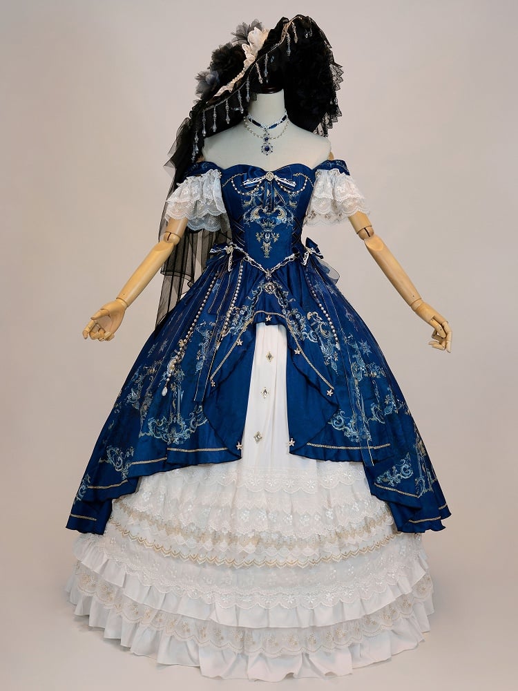 [pre-order Deadline: May 3] Dark Blue White Corset Lace Ribbon Lolita Jsk Princess Dress + Complete Set