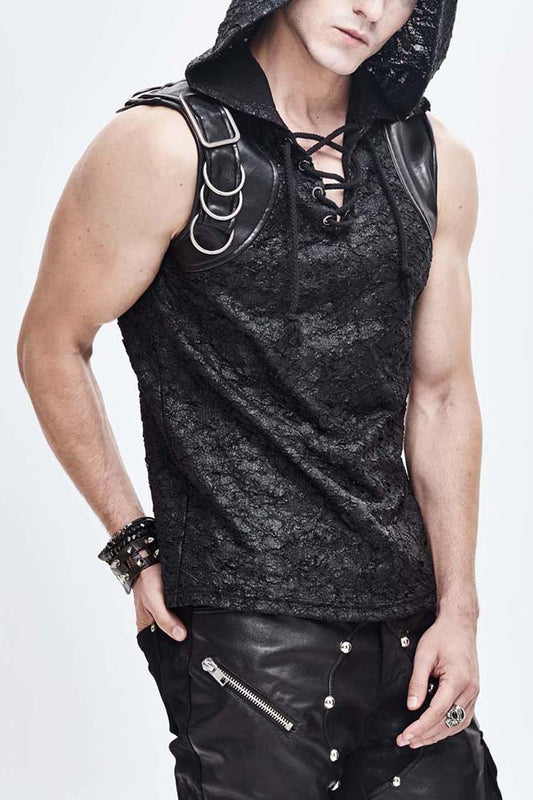 Black Hooded Tattered Chest Lace Up Metal Buckle Knit Punk Vest
