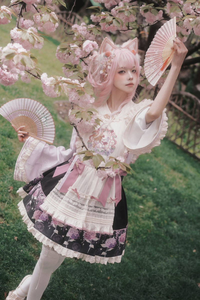 Chinese-style Lolita Top + Skirt + Apron + Headband + Bonnet