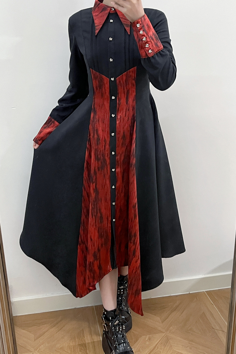 High Collar Blocking Asymmetrical Dress