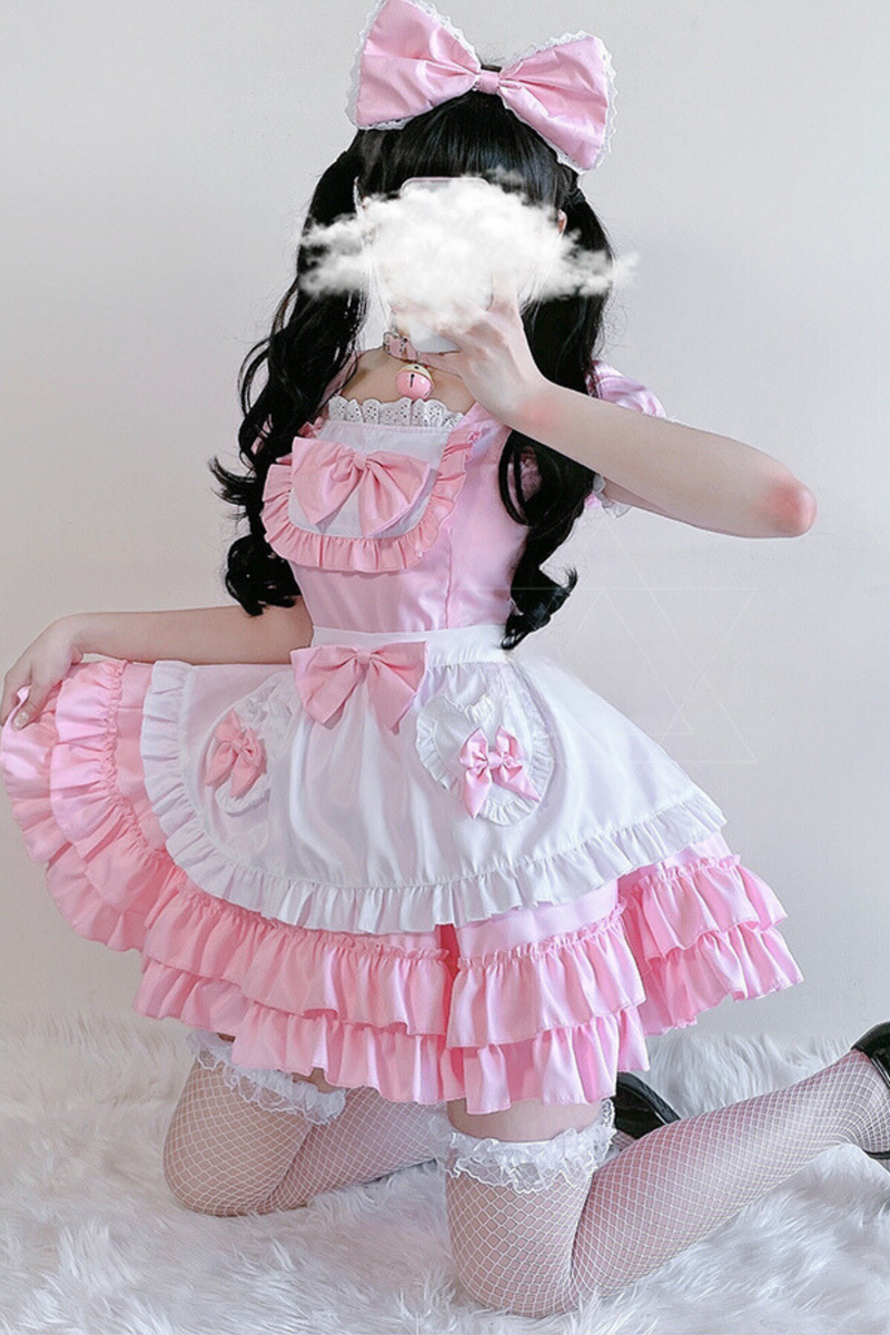 Double Ribbon Ruffle Lolita Maid Dress Set