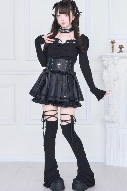 [pre-order] Choker Neck Square Ruffle Knit Top + Gothic Cross Lace Up Skirt