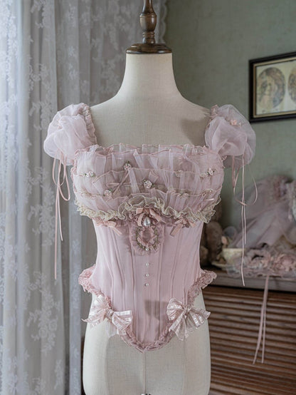 [pre-order Deadline: May 13] Pink Ballet Lolita Lace Ribbon Bustier Corset Top + Pull-up Tulle Tiered Skirt Set + Back Ribbon Train