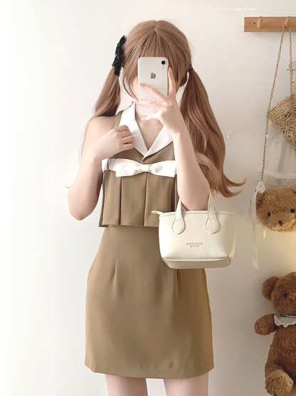 Retro Ribbon Camel Lapel Rich One-piece Dress