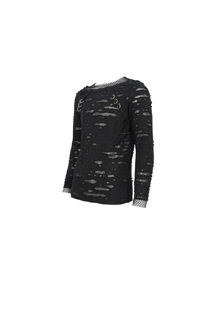 Black Diamond Mesh Irregular Hole Long-sleeved Punk T-shirt