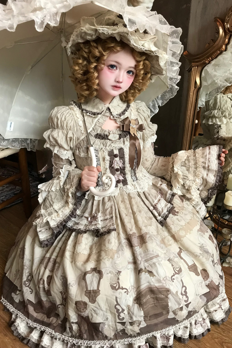 Briana Bear Print Dream Doll Lolita Dress + Jsk + Skirt + Shirt + Petticoat