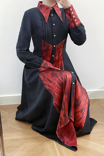 High Collar Blocking Asymmetrical Dress