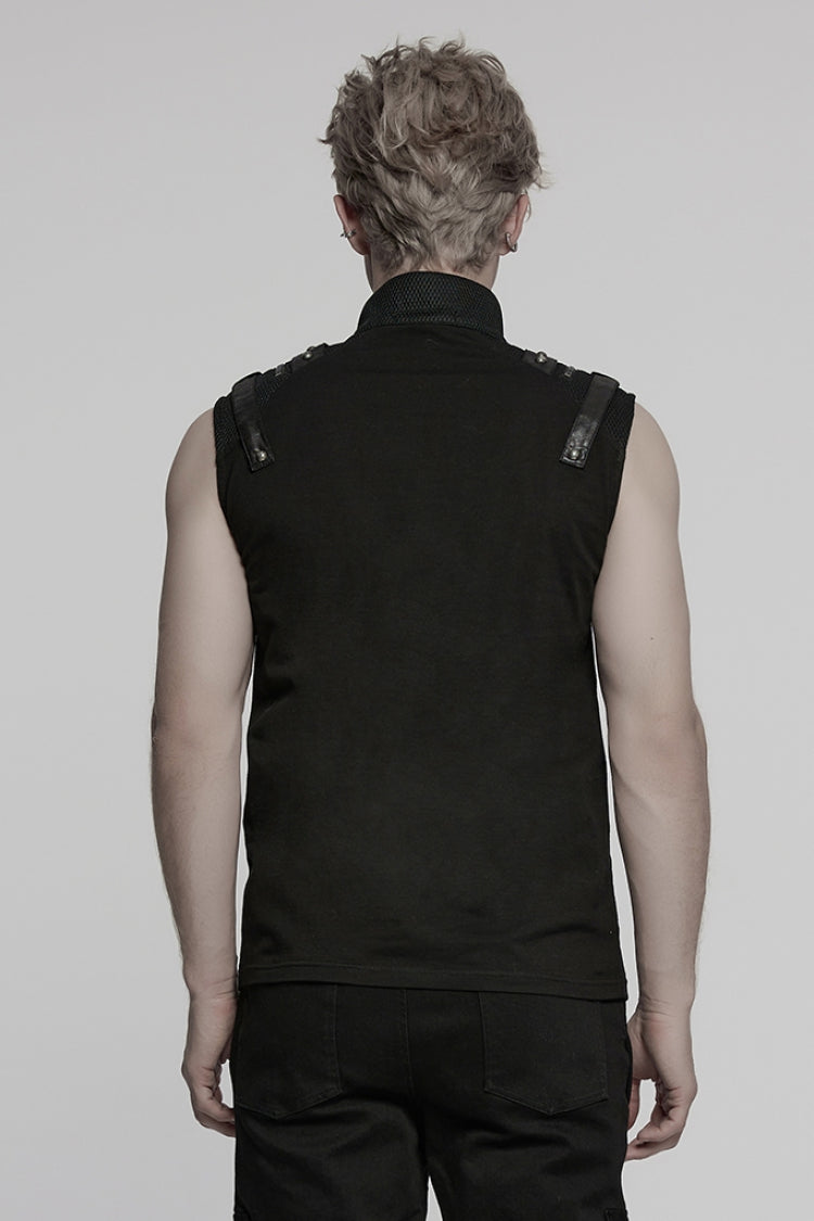 Black Stand Collar Sleeveless Stitching Mesh Zipper Punk Vest