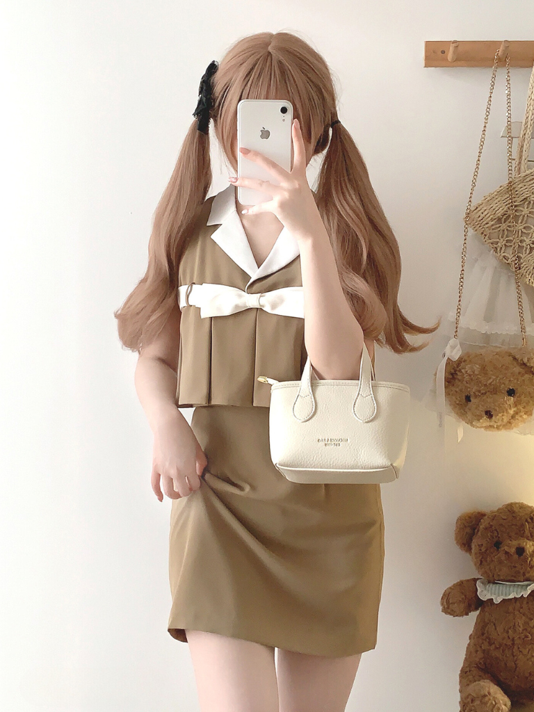 Retro Ribbon Camel Lapel Rich One-piece Dress