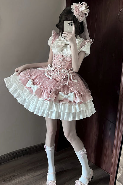 [order Deadline: May 12] Pink White Sweet Lolita Idol Ribbon Puff Sleeve Shirt + Corset Tulle Pull-up Jks Dress Set