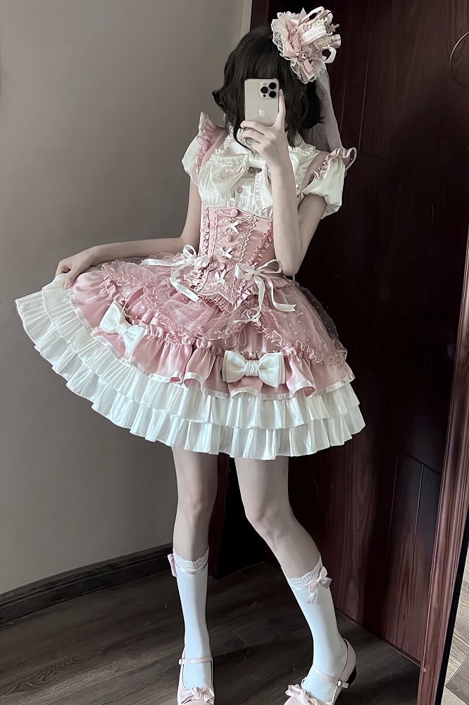 [order Deadline: May 12] Pink White Sweet Lolita Idol Ribbon Puff Sleeve Shirt + Corset Tulle Pull-up Jks Dress Set