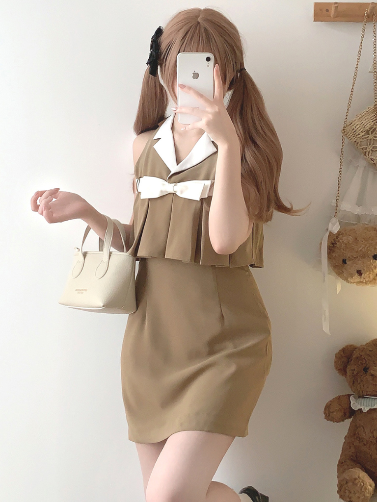 Retro Ribbon Camel Lapel Rich One-piece Dress