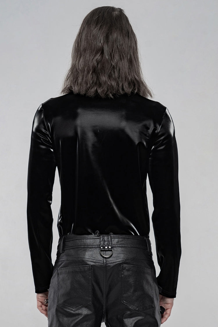 Black High Collar Long Sleeves Imitation Shark Skin Stitching Gothic T-shirt