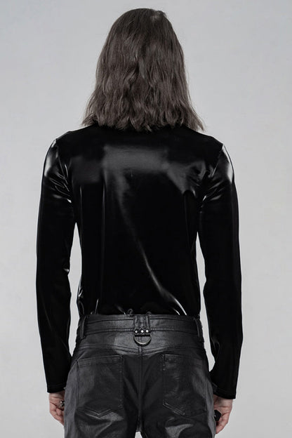 Black High Collar Long Sleeves Imitation Shark Skin Stitching Gothic T-shirt