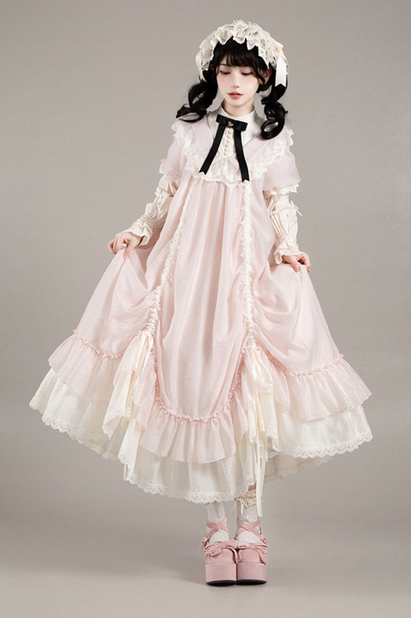 [pre-order] Rose Ruffle Lolita Dress + Dress + Belt + Brooch + Ribbon + Headband + Sleeve