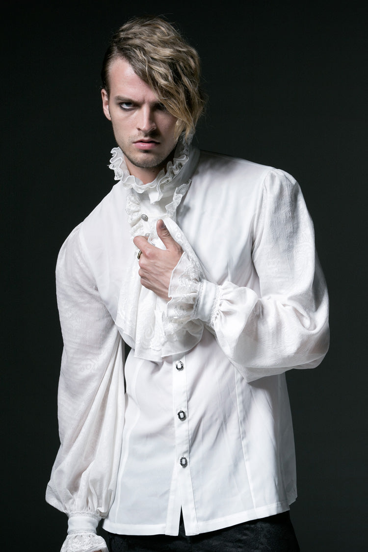 White Stand Collar Retro Button Long Lantern Sleeves Gothic Blouse