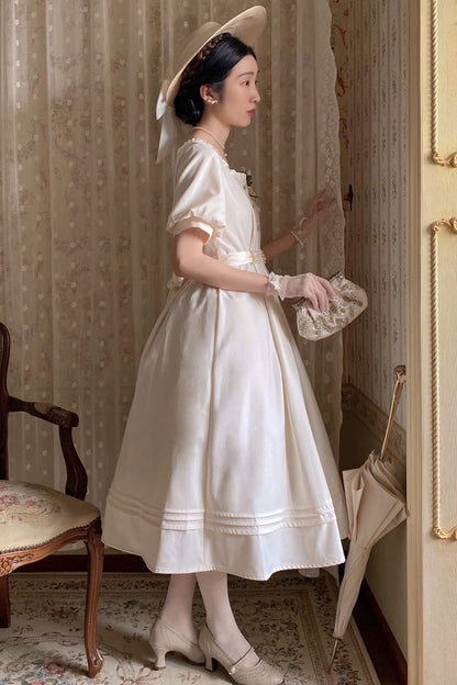 Apricot [random Thoughts] Square Collar Short Sleeves Ruffle Classic Lolita Dress