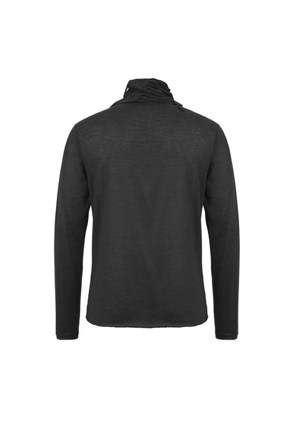 Black Ragged Turn-down Collar Woolen Long Sleeve Irregular Hem Punk T-shirt