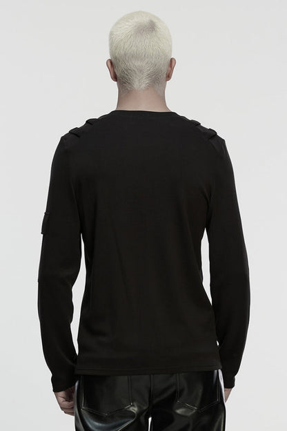 Black Round Collar Long Sleeves Cut-out Spliced Mesh Punk T-shirt