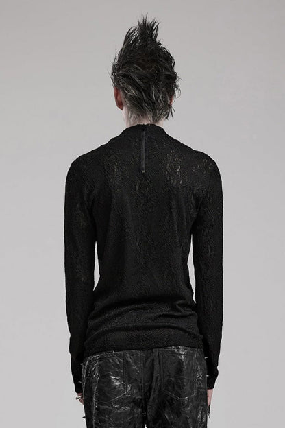 Black Round Collar Long Sleeves Jacquard Symmetrical Rope Gothic T-shirt