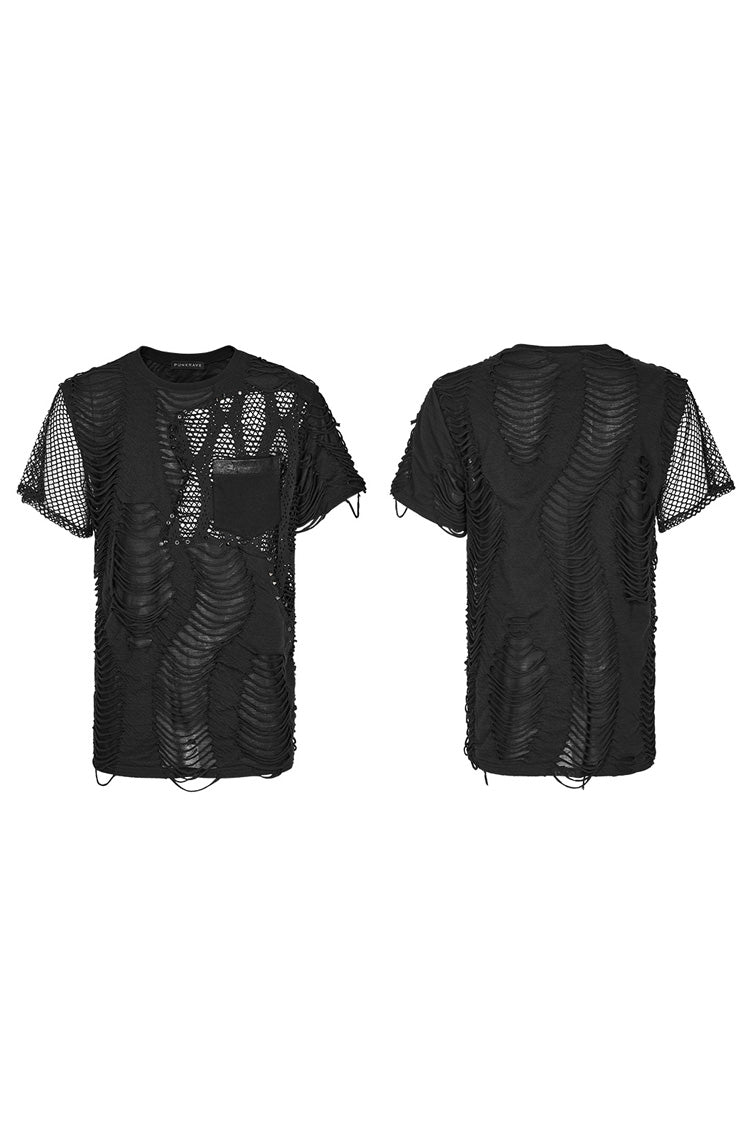 Black Short Sleeves Stitching Mesh Ripped Punk T-shirt