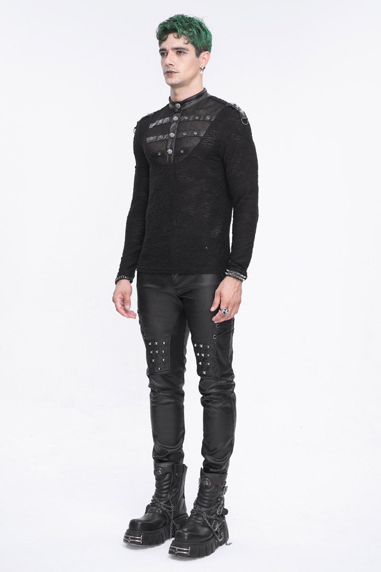 Black Stand Collar Mesh Splice Punk Shirt