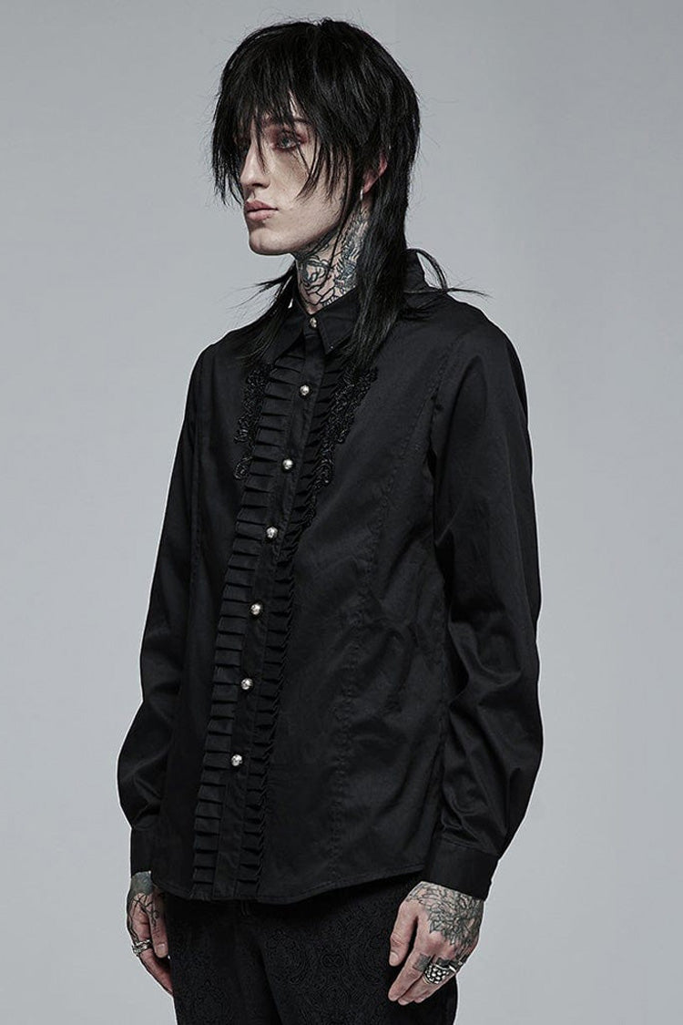 Black Gothic Delicate Decals Placket Pleated Ruffle Long Sleeve Shirt