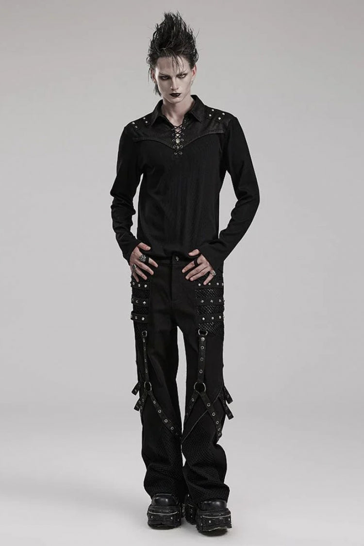 Black Lapel Collar Long Sleeves Stitching Steampunk T-shirt