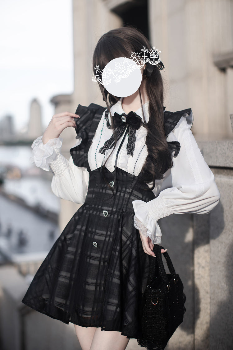 Black Plaid Print Classic College Style Lolita Strap Short Dress