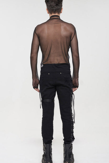 Black Gothic Elasticity Perspective Rhombus Net Yarn Shirt