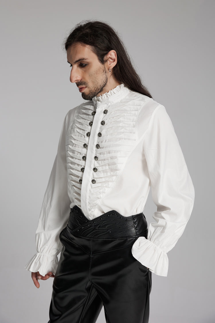 White Stand Collar Beast Buckle Long Sleeves Ruffle Gothic Blouse