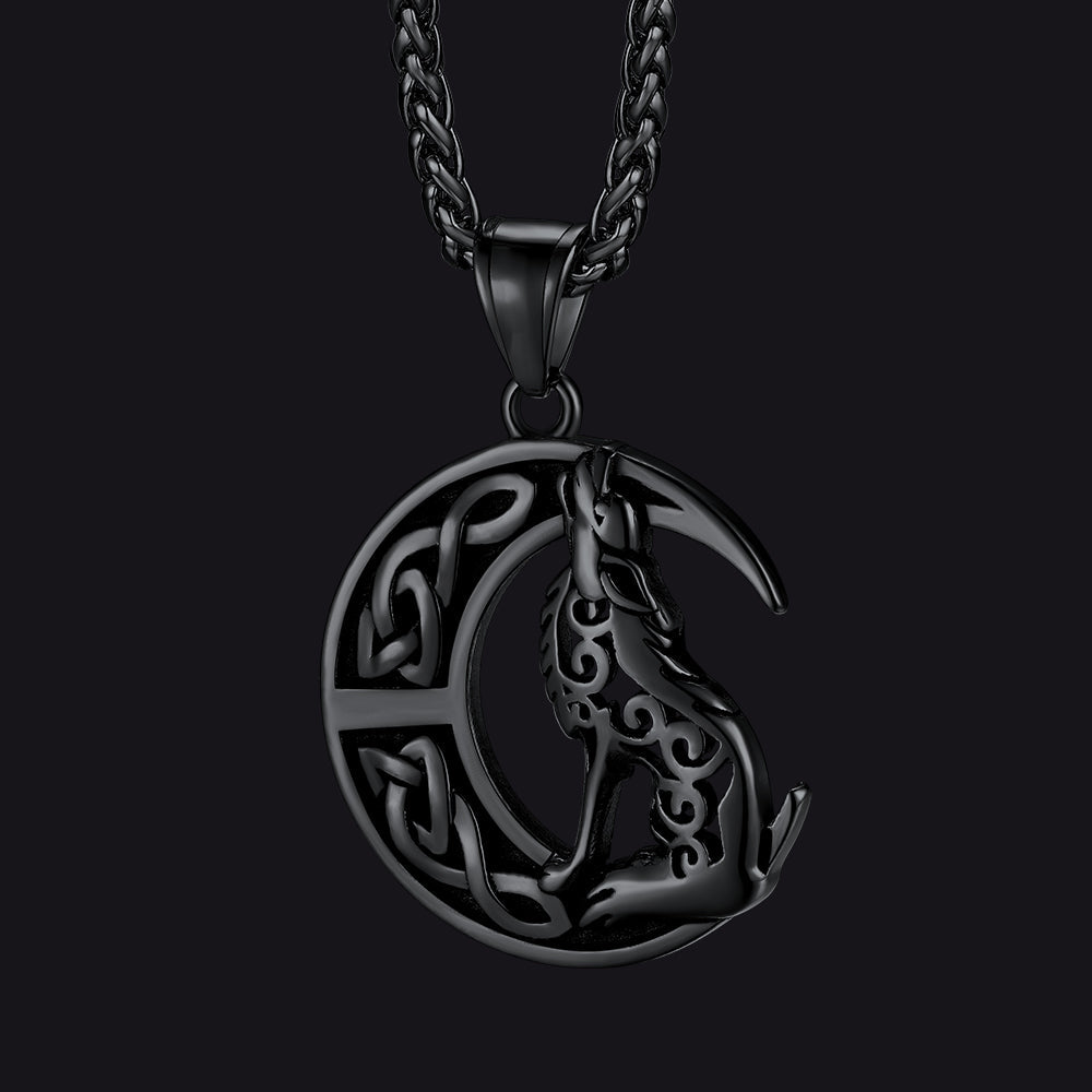 Viking Celtic Crescent Moon Wolf Necklace Pendant for