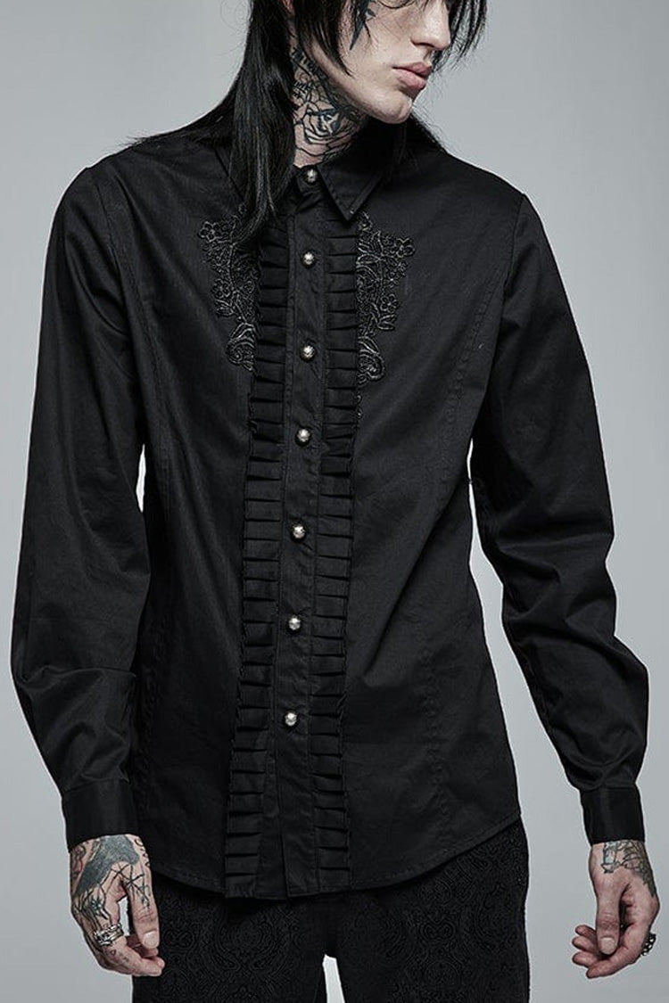 Black Gothic Delicate Decals Placket Pleated Ruffle Long Sleeve Shirt