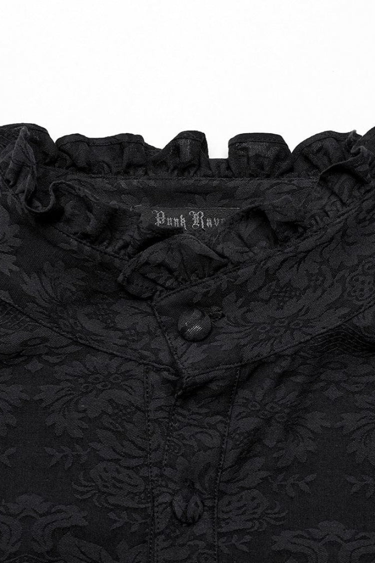 Black Stand Collar Long Puff Sleeves Jacquard Print Gothic Blouse With Necktie