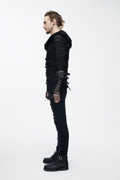 Black Ripped Finger Covered Autumn Hooded Punk T-shirt