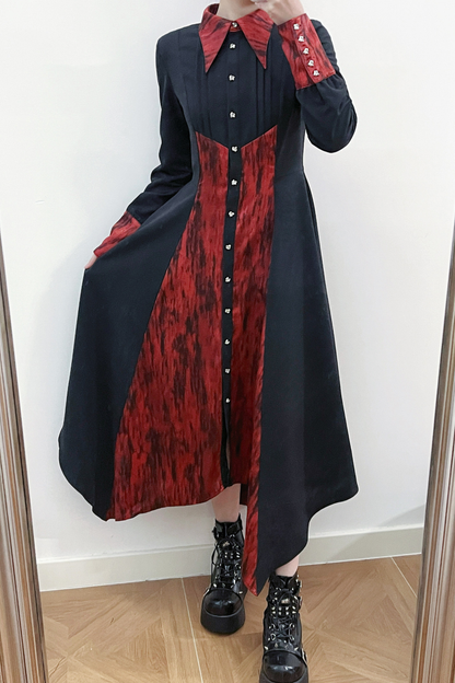 High Collar Blocking Asymmetrical Dress