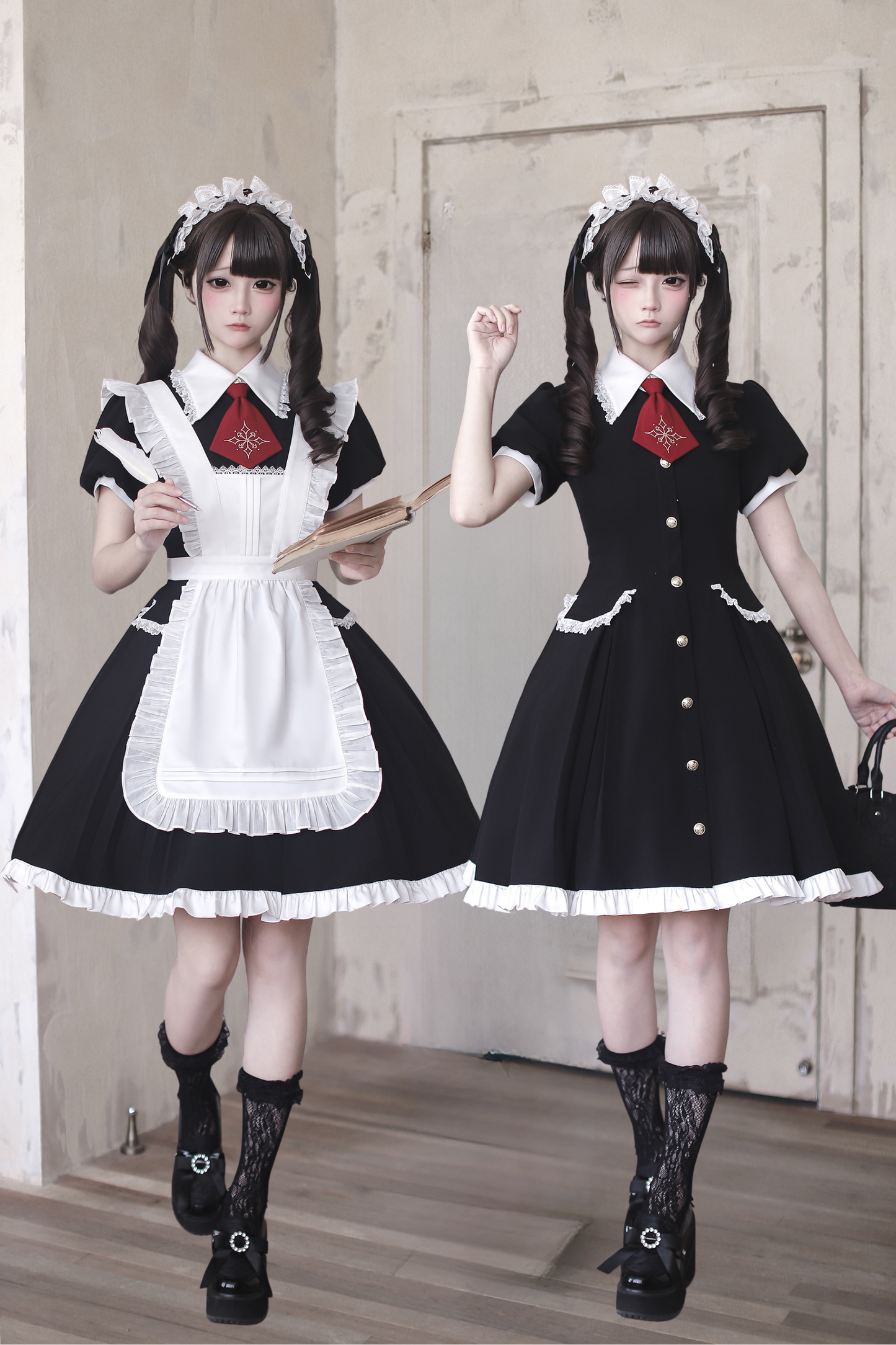 [pre-order Deadline: April 29] Black X White Gothic Lace Red Tie Collar Lolita Dress Type A/b