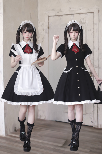 [pre-order Deadline: April 29] Black X White Gothic Lace Red Tie Collar Lolita Dress Type A/b