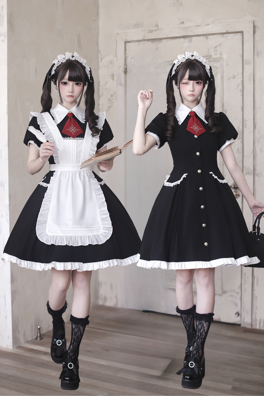 [pre-order Deadline: April 29] Black X White Gothic Lace Red Tie Collar Lolita Dress Type A/b