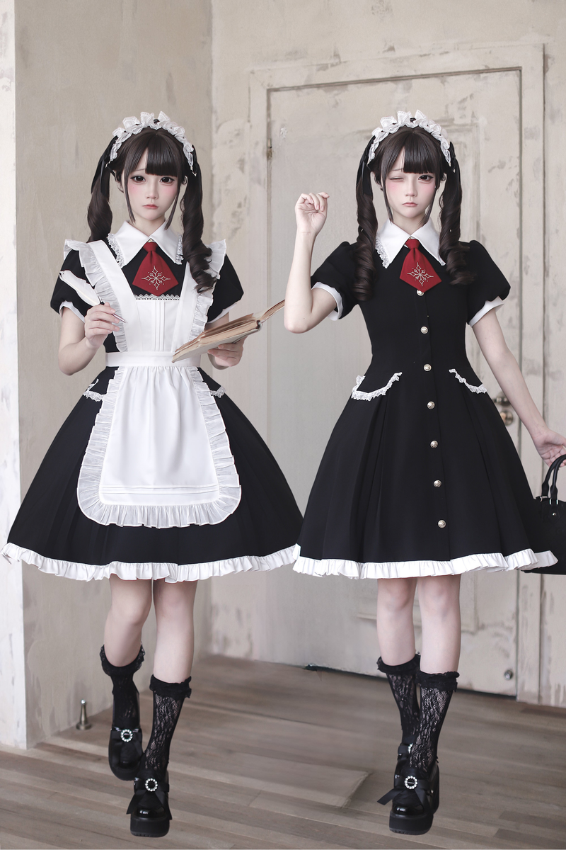 [pre-order Deadline: April 29] Black X White Gothic Lace Red Tie Collar Lolita Dress Type A/b