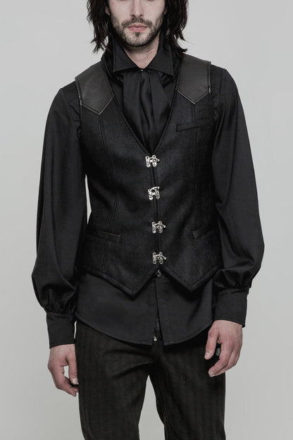 Black Sleeveless Print Stitching Metal Button Steampunk Vest
