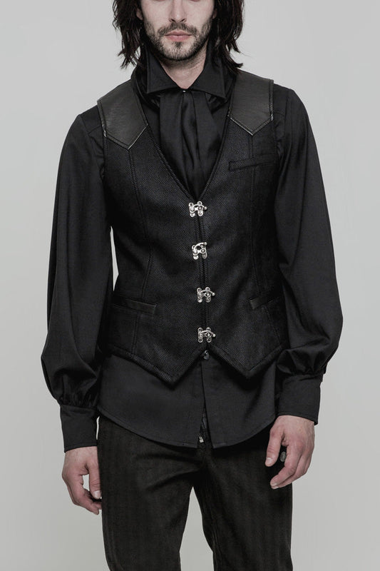 Black Sleeveless Print Stitching Metal Button Steampunk Vest