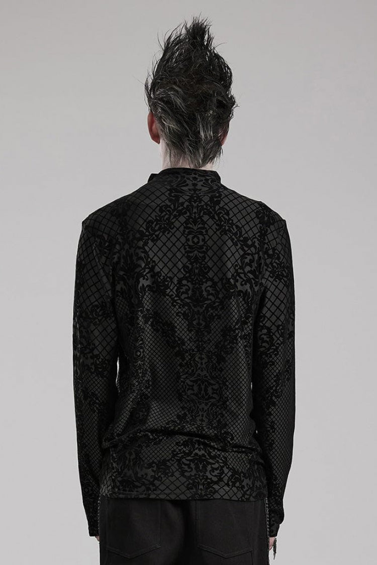 Black High Collar Long Sleeves Flocking Print Gothic T-shirt