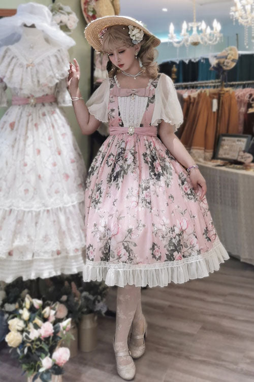 Pink French Rose Print Square Collar Ruffled Classic Lolita Op Dress