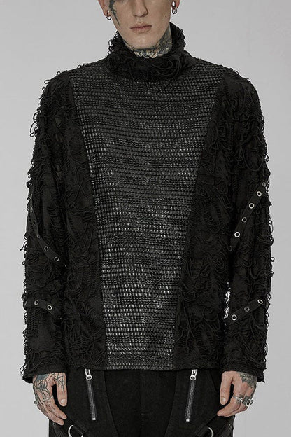 Black High Collar Stitching Ripped Steampunk Blouse