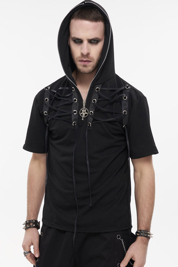 Black Punk Short Sleeve Metal Zipper Lace-up Knit Loose Hooded T-shirt