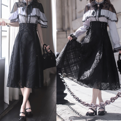 Long Skirt + Lace Shirt + Ribbon