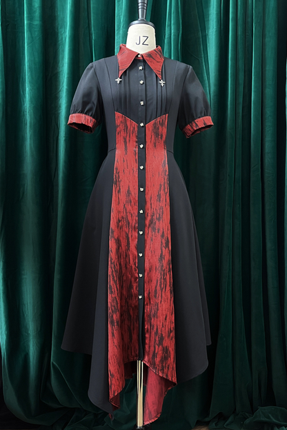 High Collar Blocking Asymmetrical Dress